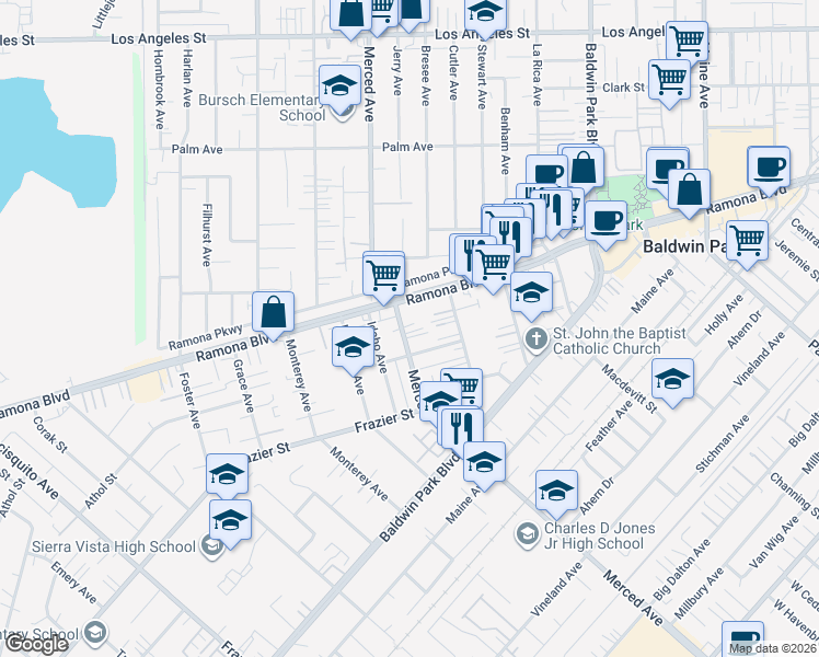 map of restaurants, bars, coffee shops, grocery stores, and more near in Baldwin Park