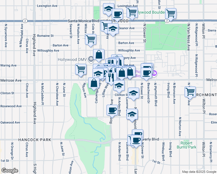 map of restaurants, bars, coffee shops, grocery stores, and more near 640 Lillian Way in Los Angeles