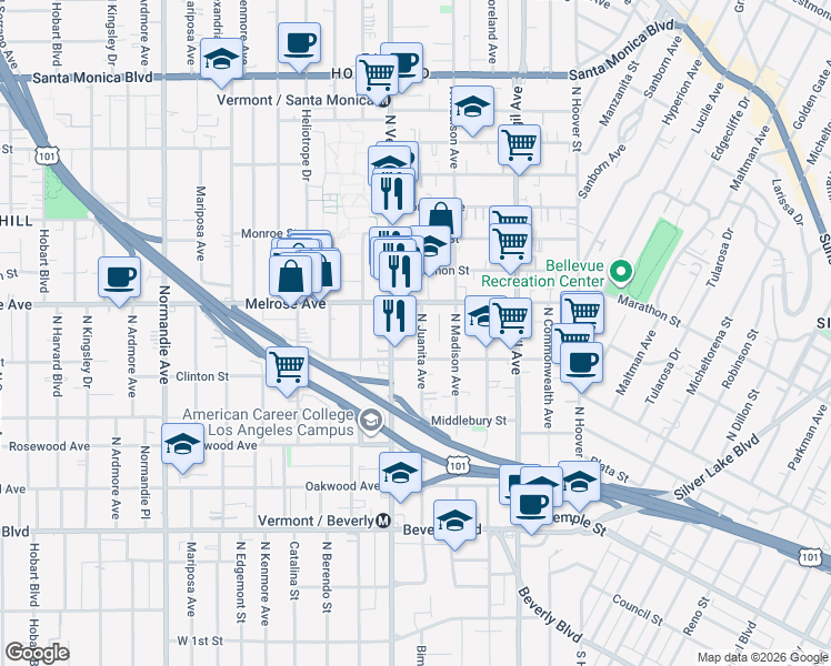 map of restaurants, bars, coffee shops, grocery stores, and more near in Los Angeles