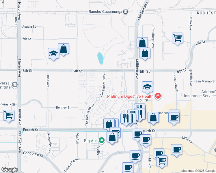 map of restaurants, bars, coffee shops, grocery stores, and more near 11041 Enliven Drive in Rancho Cucamonga