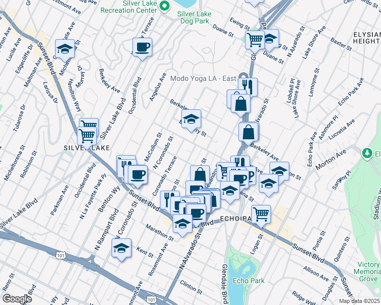 map of restaurants, bars, coffee shops, grocery stores, and more near 1421 Waterloo Street in Los Angeles