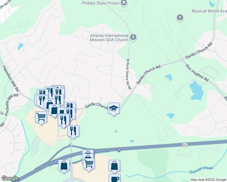 map of restaurants, bars, coffee shops, grocery stores, and more near 2699 Ogden Trail in Buford