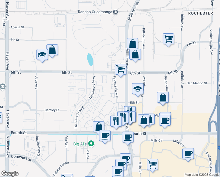 map of restaurants, bars, coffee shops, grocery stores, and more near 9400 Fairway View Place in Rancho Cucamonga