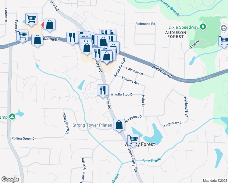 map of restaurants, bars, coffee shops, grocery stores, and more near 520 Whistle Stop Drive in Woodstock