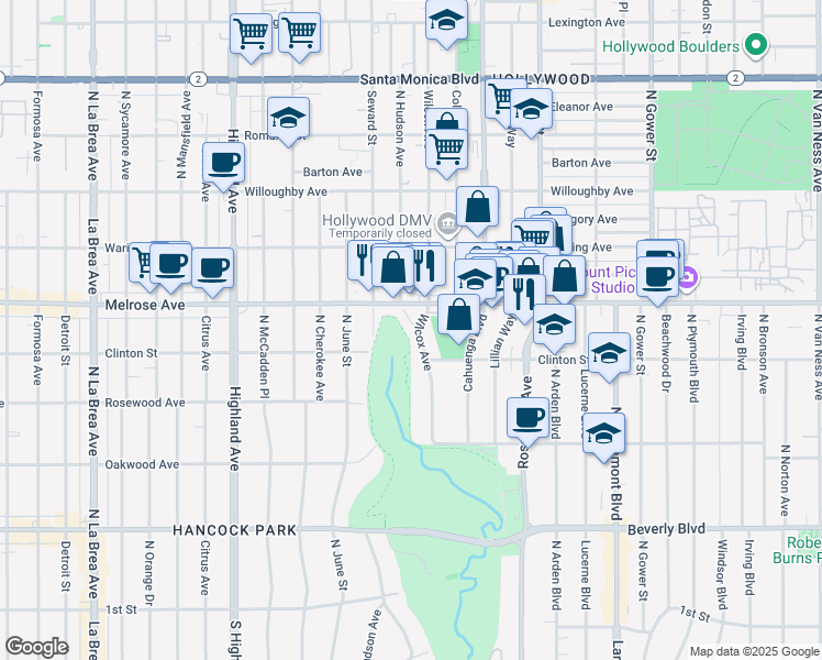 map of restaurants, bars, coffee shops, grocery stores, and more near 637 Wilcox Avenue in Los Angeles