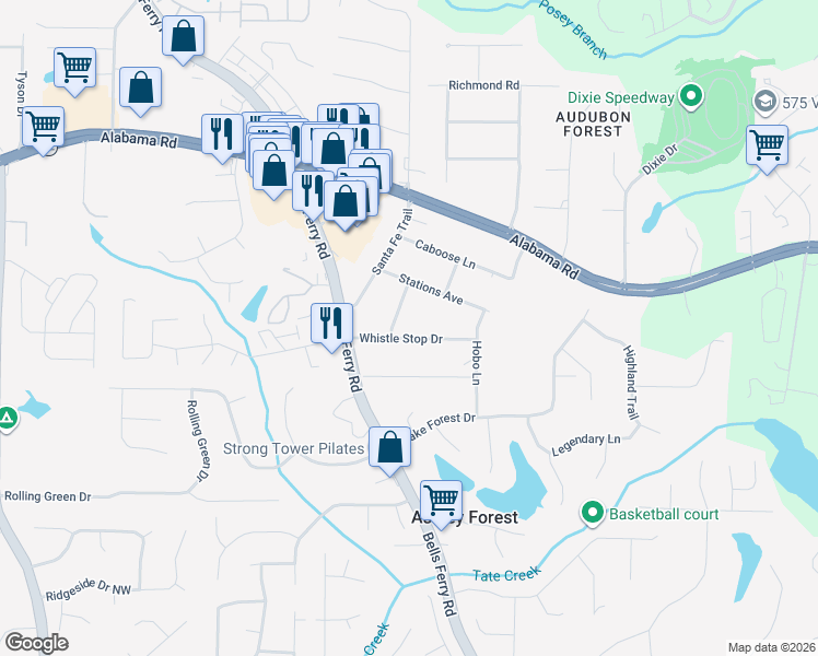map of restaurants, bars, coffee shops, grocery stores, and more near 514 Whistle Stop Drive in Woodstock