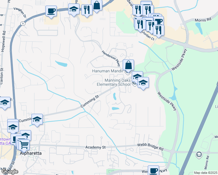 map of restaurants, bars, coffee shops, grocery stores, and more near 1500 Planters Ridge Lane in Alpharetta