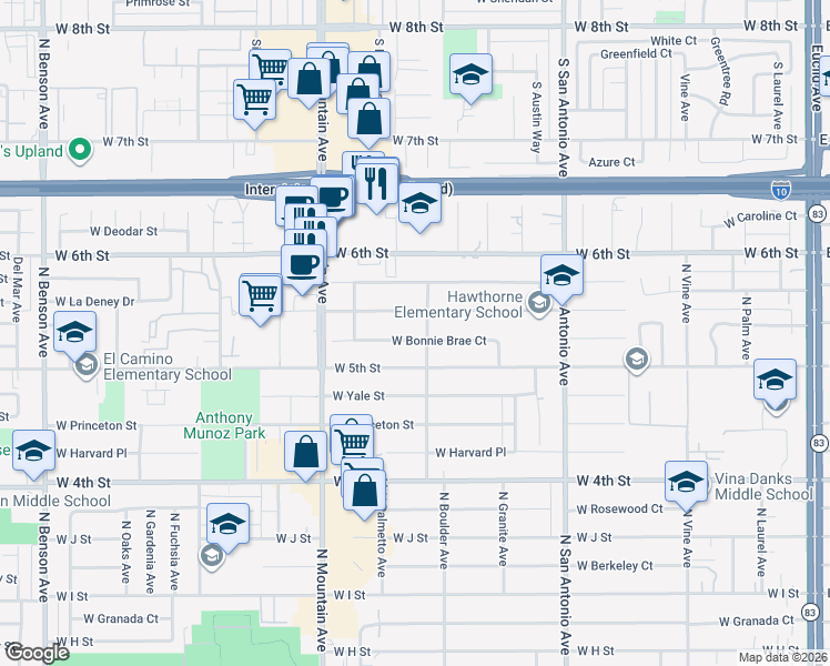 map of restaurants, bars, coffee shops, grocery stores, and more near 934 West Bonnie Brae Court in Ontario