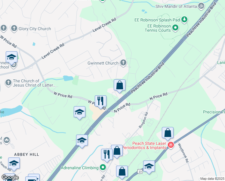 map of restaurants, bars, coffee shops, grocery stores, and more near 260 Peachtree Industrial Boulevard in Sugar Hill