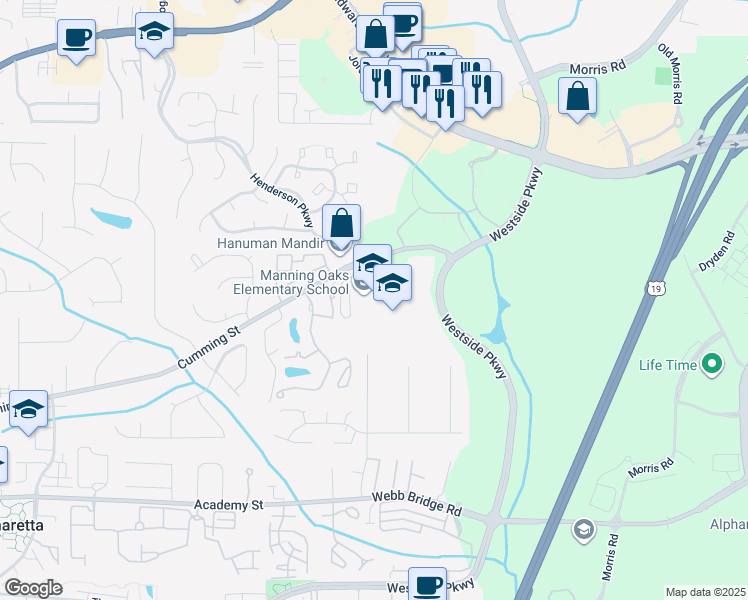 map of restaurants, bars, coffee shops, grocery stores, and more near 405 Cumming Street in Alpharetta