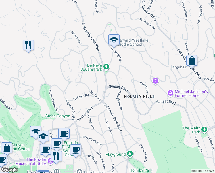 map of restaurants, bars, coffee shops, grocery stores, and more near 2 North Beverly Glen Boulevard in Los Angeles