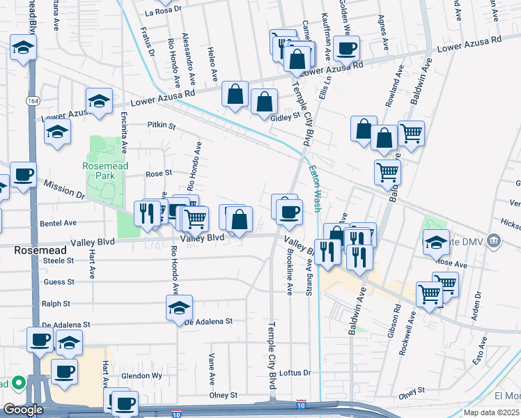 map of restaurants, bars, coffee shops, grocery stores, and more near 9614 Lorica Street in Rosemead