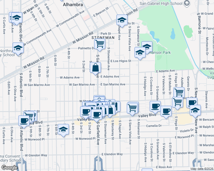 map of restaurants, bars, coffee shops, grocery stores, and more near 1100 South Stoneman Avenue in Alhambra