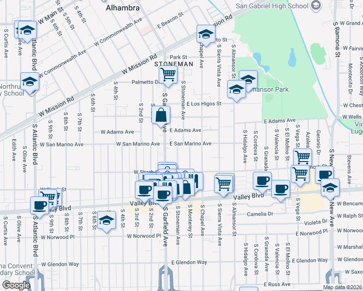map of restaurants, bars, coffee shops, grocery stores, and more near 1100 South Stoneman Avenue in Alhambra