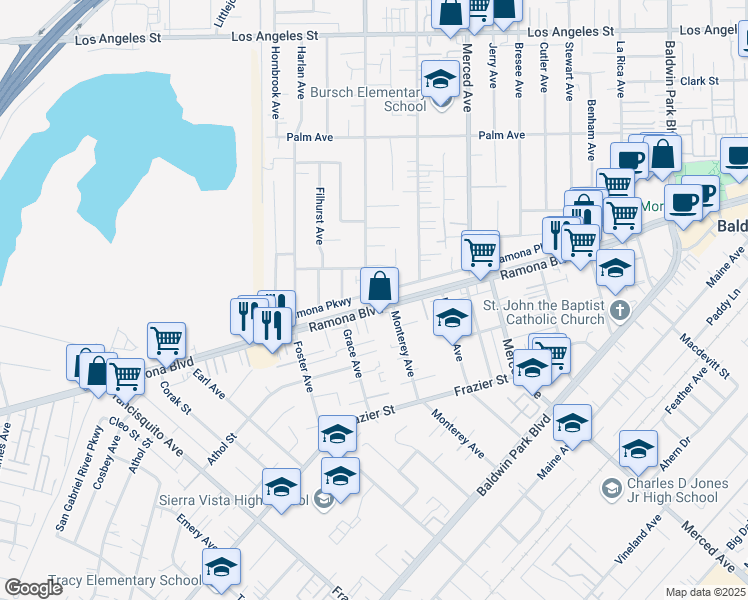 map of restaurants, bars, coffee shops, grocery stores, and more near 13500 Ramona Parkway in Baldwin Park