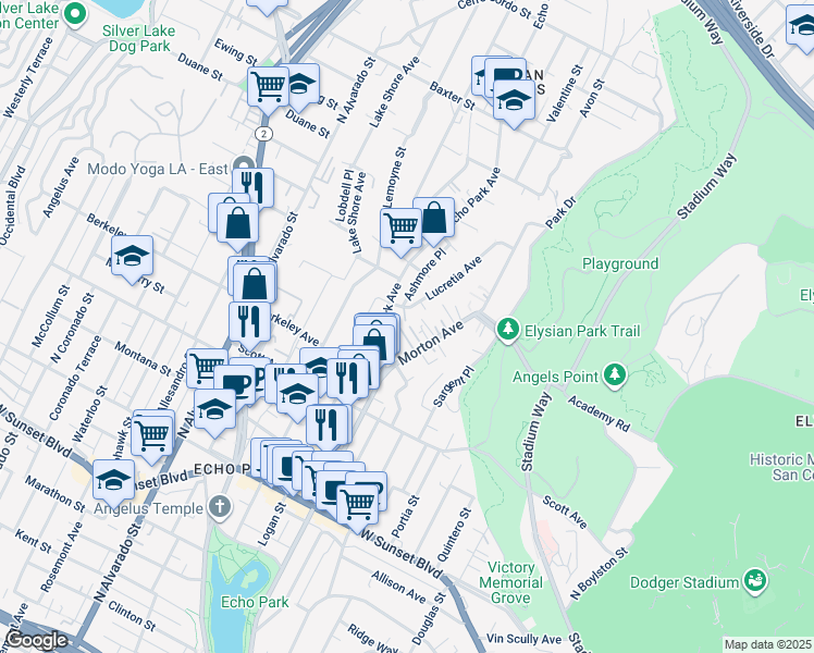 map of restaurants, bars, coffee shops, grocery stores, and more near 1649 North Adamson Street in Los Angeles
