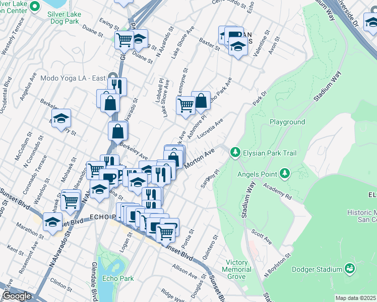 map of restaurants, bars, coffee shops, grocery stores, and more near 1649 North Adamson Street in Los Angeles
