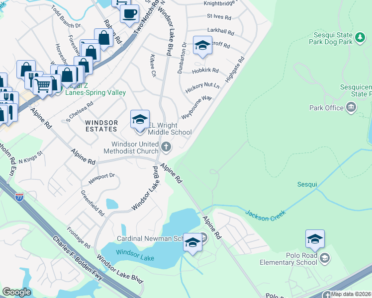 map of restaurants, bars, coffee shops, grocery stores, and more near 9420 Highgate Road in Columbia