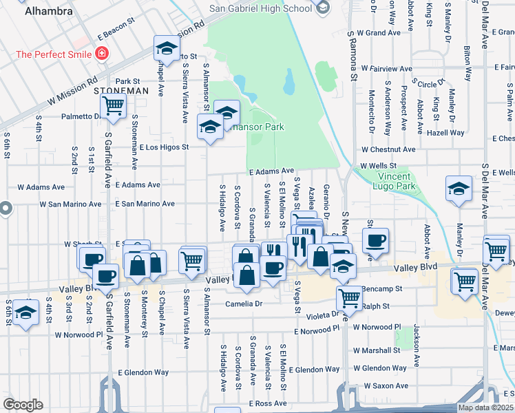 map of restaurants, bars, coffee shops, grocery stores, and more near 1037 South Granada Avenue in Alhambra