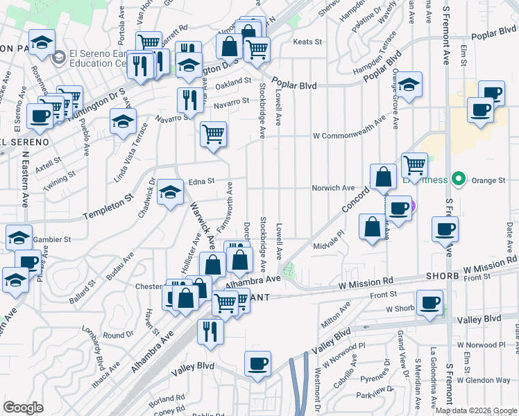 map of restaurants, bars, coffee shops, grocery stores, and more near 3211 Stockbridge Avenue in Los Angeles
