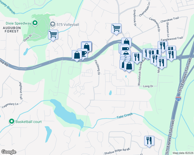 map of restaurants, bars, coffee shops, grocery stores, and more near 120 Fitchburg Drive in Woodstock