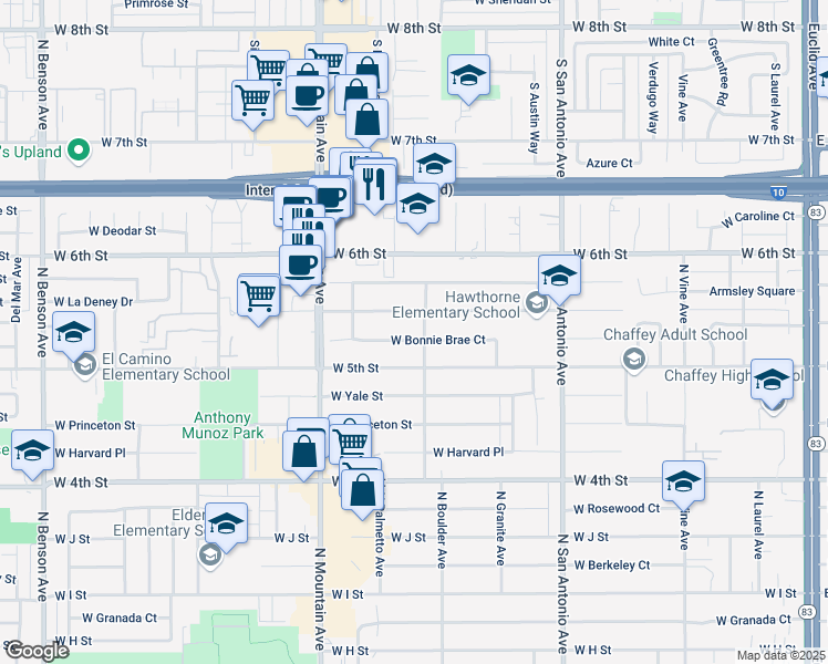 map of restaurants, bars, coffee shops, grocery stores, and more near 934 West Bonnie Brae Court in Ontario