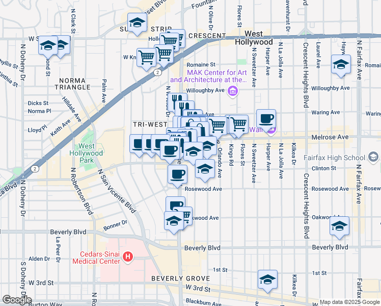 map of restaurants, bars, coffee shops, grocery stores, and more near 630 North La Cienega Boulevard in Los Angeles
