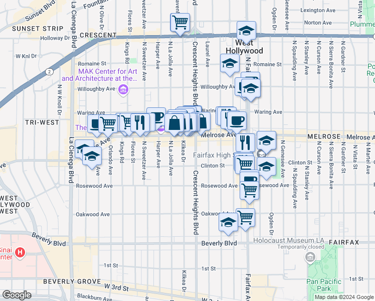 map of restaurants, bars, coffee shops, grocery stores, and more near 636 North Kilkea Drive in West Hollywood