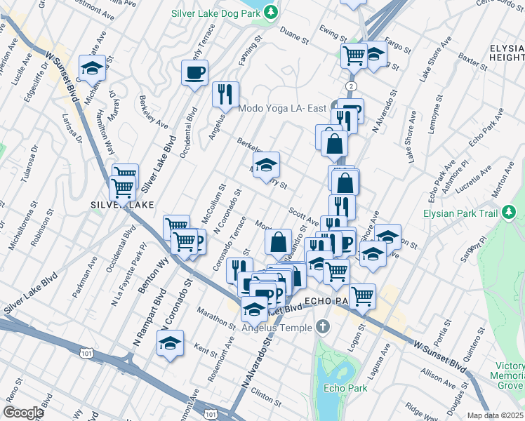 map of restaurants, bars, coffee shops, grocery stores, and more near 1421 Waterloo Street in Los Angeles