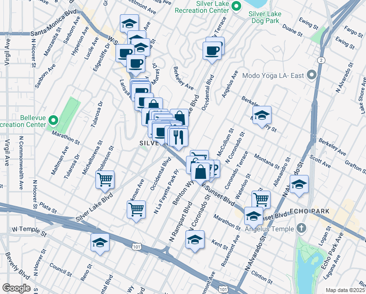 map of restaurants, bars, coffee shops, grocery stores, and more near 2920 Reservoir Street in Los Angeles