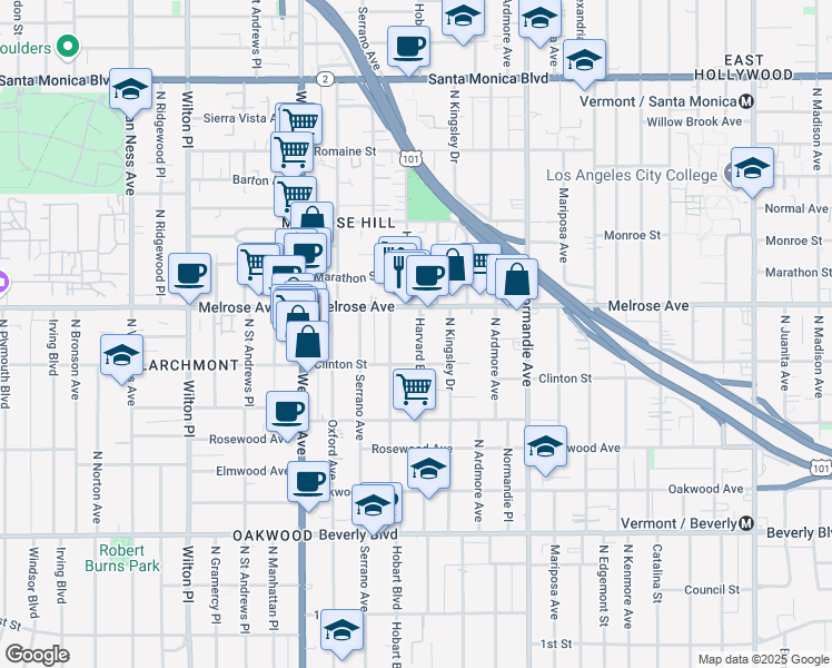 map of restaurants, bars, coffee shops, grocery stores, and more near 635 North Harvard Boulevard in Los Angeles