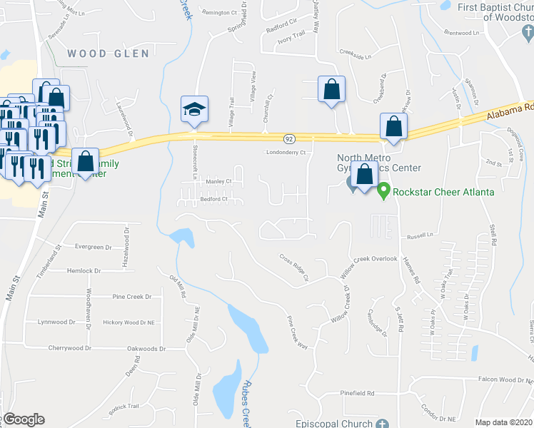 map of restaurants, bars, coffee shops, grocery stores, and more near 2001 Brittania Circle in Woodstock