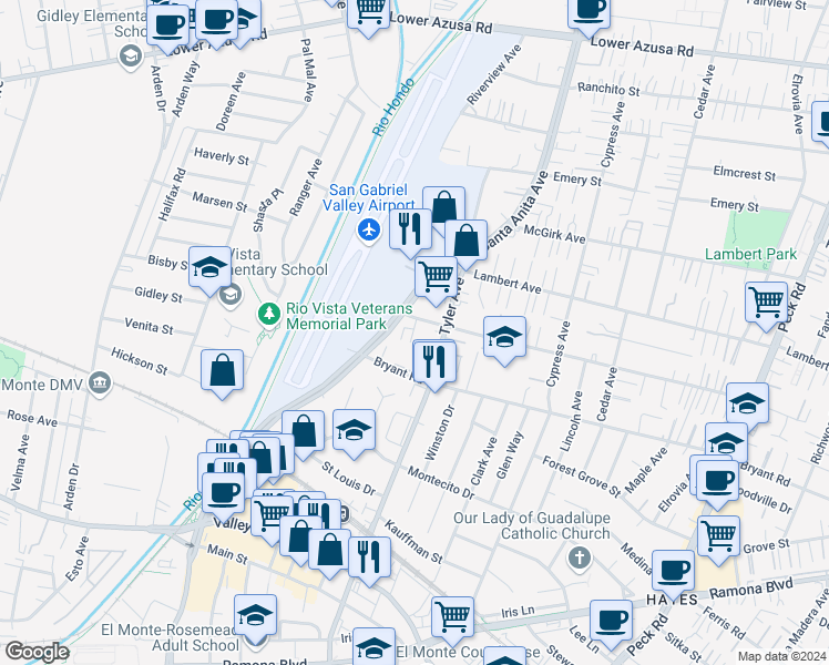 map of restaurants, bars, coffee shops, grocery stores, and more near 10938 Basye Street in El Monte