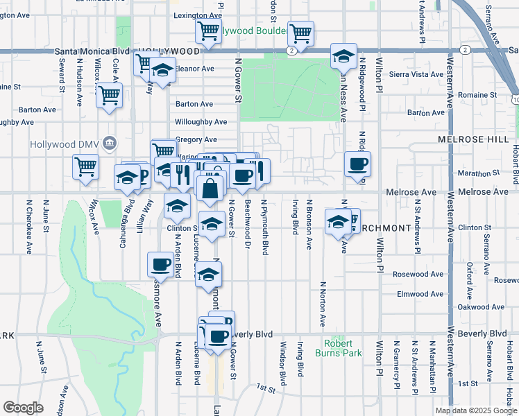 map of restaurants, bars, coffee shops, grocery stores, and more near 640 North Beachwood Drive in Los Angeles