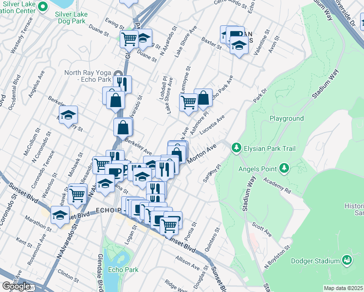 map of restaurants, bars, coffee shops, grocery stores, and more near Echo Park Avenue in Los Angeles
