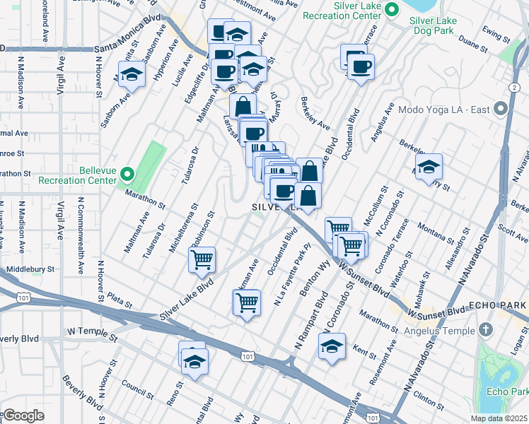 map of restaurants, bars, coffee shops, grocery stores, and more near in Los Angeles
