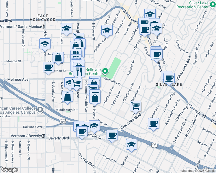 map of restaurants, bars, coffee shops, grocery stores, and more near 716 Imogen Avenue in Los Angeles