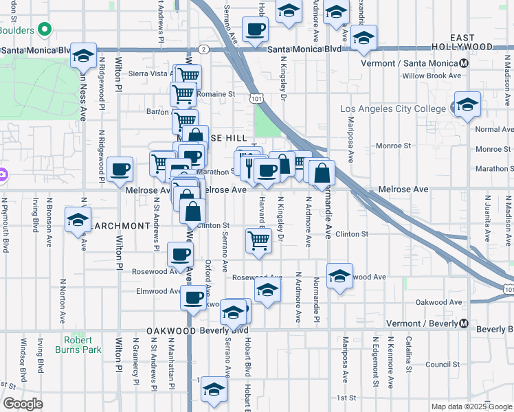 map of restaurants, bars, coffee shops, grocery stores, and more near 635 North Harvard Boulevard in Los Angeles