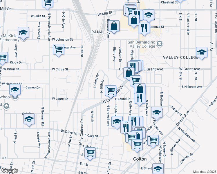 map of restaurants, bars, coffee shops, grocery stores, and more near North Bordwell Avenue in Colton
