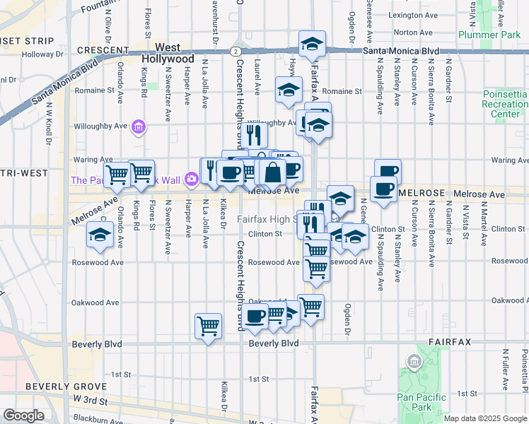 map of restaurants, bars, coffee shops, grocery stores, and more near 636 North Laurel Avenue in Los Angeles