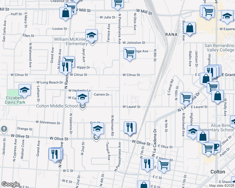 map of restaurants, bars, coffee shops, grocery stores, and more near 1419 North Pennsylvania Avenue in Colton