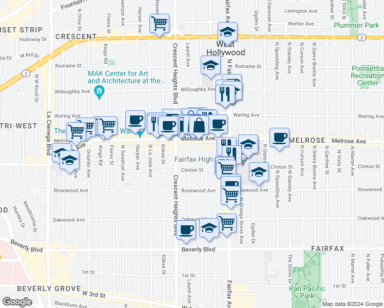 map of restaurants, bars, coffee shops, grocery stores, and more near 636 North Laurel Avenue in Los Angeles