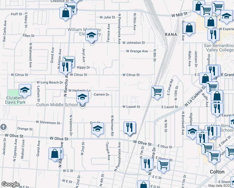 map of restaurants, bars, coffee shops, grocery stores, and more near 1419 North Pennsylvania Avenue in Colton