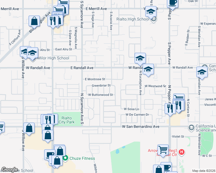 map of restaurants, bars, coffee shops, grocery stores, and more near 1991 West Greenbriar Street in Colton