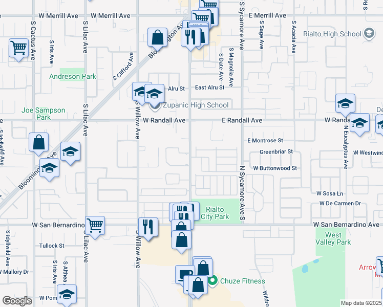 map of restaurants, bars, coffee shops, grocery stores, and more near 1012 South Riverside Avenue in Rialto