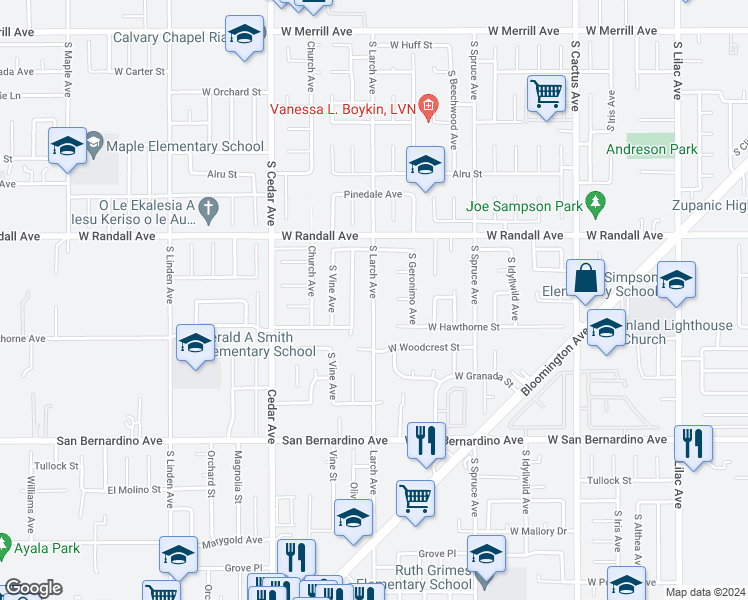 map of restaurants, bars, coffee shops, grocery stores, and more near 1060 West Montrose Street in Bloomington