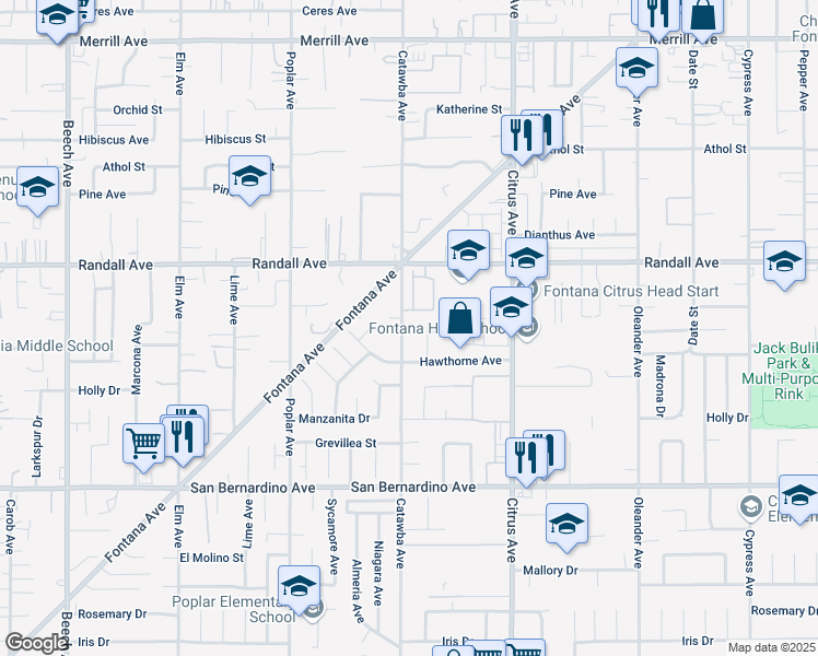 map of restaurants, bars, coffee shops, grocery stores, and more near 15957 Randall Avenue in Fontana