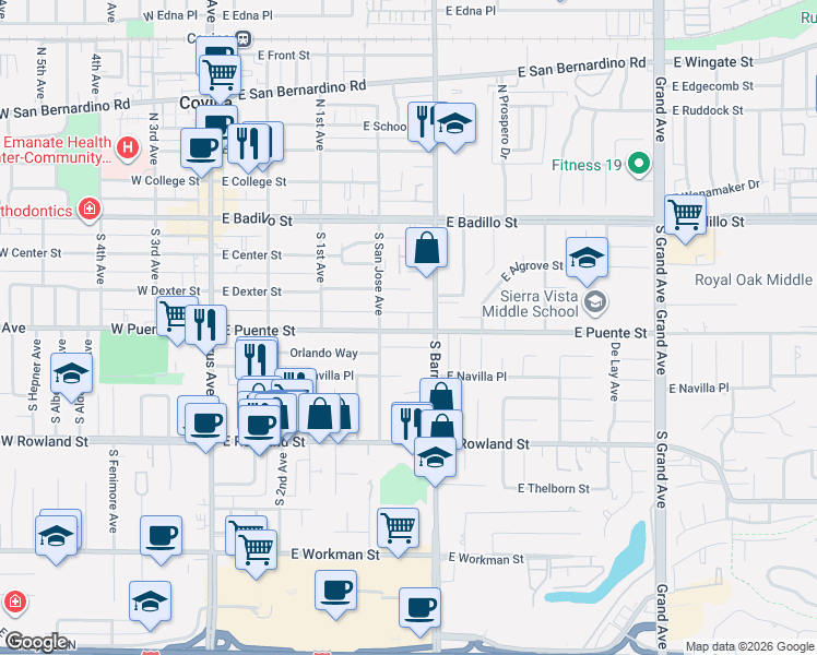 map of restaurants, bars, coffee shops, grocery stores, and more near 457 East Puente Street in Covina
