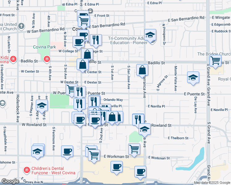 map of restaurants, bars, coffee shops, grocery stores, and more near 331 East Puente Street in Covina