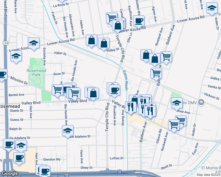 map of restaurants, bars, coffee shops, grocery stores, and more near 9713 Abilene Street in Rosemead